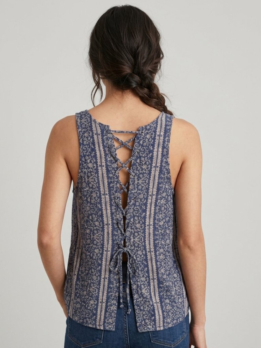American Eagle Lace Up Back Boho Floral Purple Top